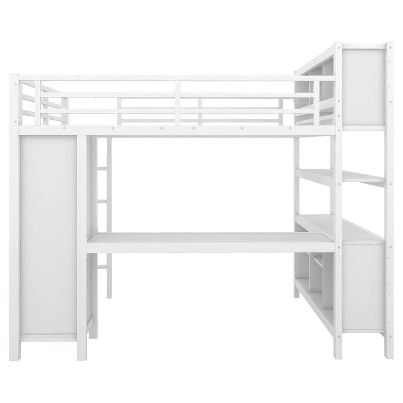 Lit mezzanine métallique tout-en-un avec bureau en L et armoire, cadre de lit de chambre à coucher avec cubes de rangement, étagères, garde-corps pleine longueur