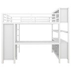 Lit mezzanine métallique tout-en-un avec bureau en L et armoire, cadre de lit de chambre à coucher avec cubes de rangement, étagères, garde-corps pleine longueur