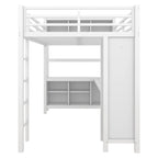 Lit mezzanine métallique tout-en-un avec bureau en L et armoire, cadre de lit de chambre à coucher avec cubes de rangement, étagères, garde-corps pleine longueur
