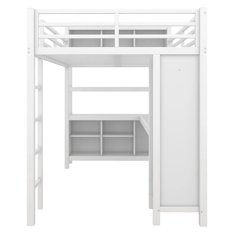Lit mezzanine métallique tout-en-un avec bureau en L et armoire, cadre de lit de chambre à coucher avec cubes de rangement, étagères, garde-corps pleine longueur