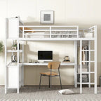 Lit mezzanine métallique tout-en-un avec bureau en L et armoire, cadre de lit de chambre à coucher avec cubes de rangement, étagères, garde-corps pleine longueur