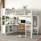 Lit mezzanine métallique tout-en-un avec bureau en L et armoire, cadre de lit de chambre à coucher avec cubes de rangement, étagères, garde-corps pleine longueur