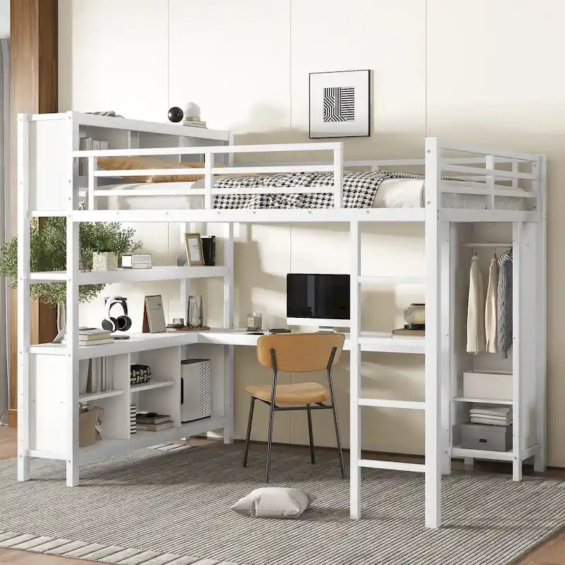 Lit mezzanine métallique tout-en-un avec bureau en L et armoire, cadre de lit de chambre à coucher avec cubes de rangement, étagères, garde-corps pleine longueur