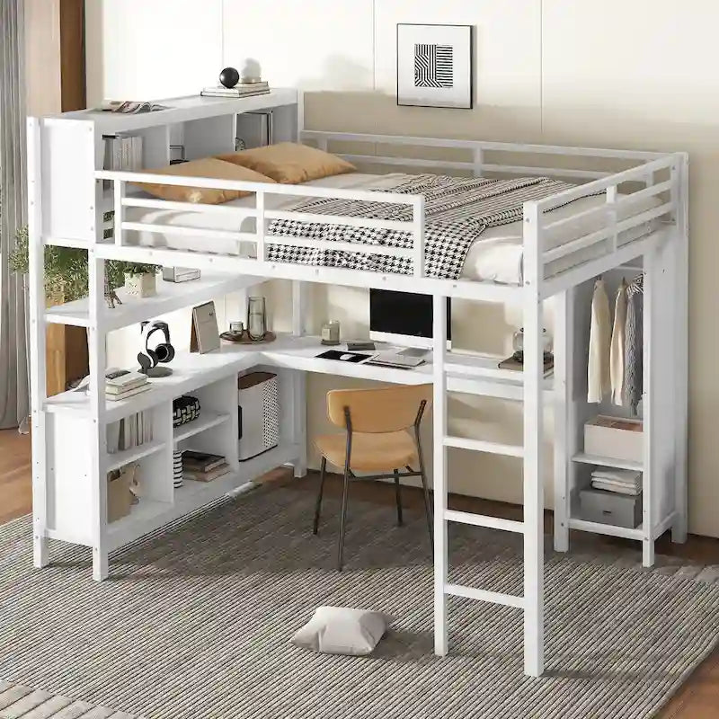 Lit mezzanine métallique tout-en-un avec bureau en L et armoire, cadre de lit de chambre à coucher avec cubes de rangement, étagères, garde-corps pleine longueur