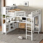 Lit mezzanine métallique tout-en-un avec bureau en L et armoire, cadre de lit de chambre à coucher avec cubes de rangement, étagères, garde-corps pleine longueur