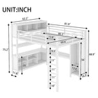 Lit mezzanine métallique tout-en-un avec bureau en L et armoire, cadre de lit de chambre à coucher avec cubes de rangement, étagères, garde-corps pleine longueur