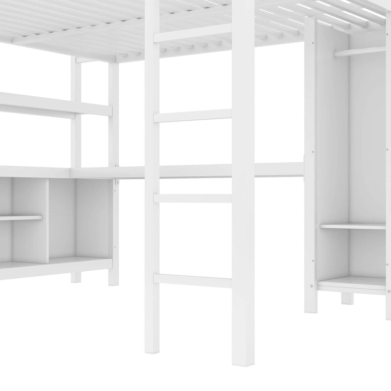 Lit mezzanine métallique tout-en-un avec bureau en L et armoire, cadre de lit de chambre à coucher avec cubes de rangement, étagères, garde-corps pleine longueur