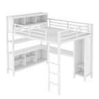 Lit mezzanine métallique tout-en-un avec bureau en L et armoire, cadre de lit de chambre à coucher avec cubes de rangement, étagères, garde-corps pleine longueur