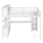 Lit mezzanine métallique tout-en-un avec bureau en L et armoire, cadre de lit de chambre à coucher avec cubes de rangement, étagères, garde-corps pleine longueur