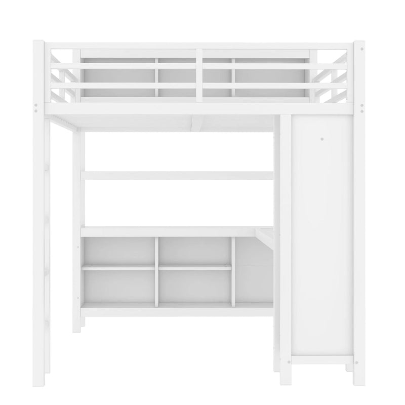 Lit mezzanine métallique tout-en-un avec bureau en L et armoire, cadre de lit de chambre à coucher avec cubes de rangement, étagères, garde-corps pleine longueur