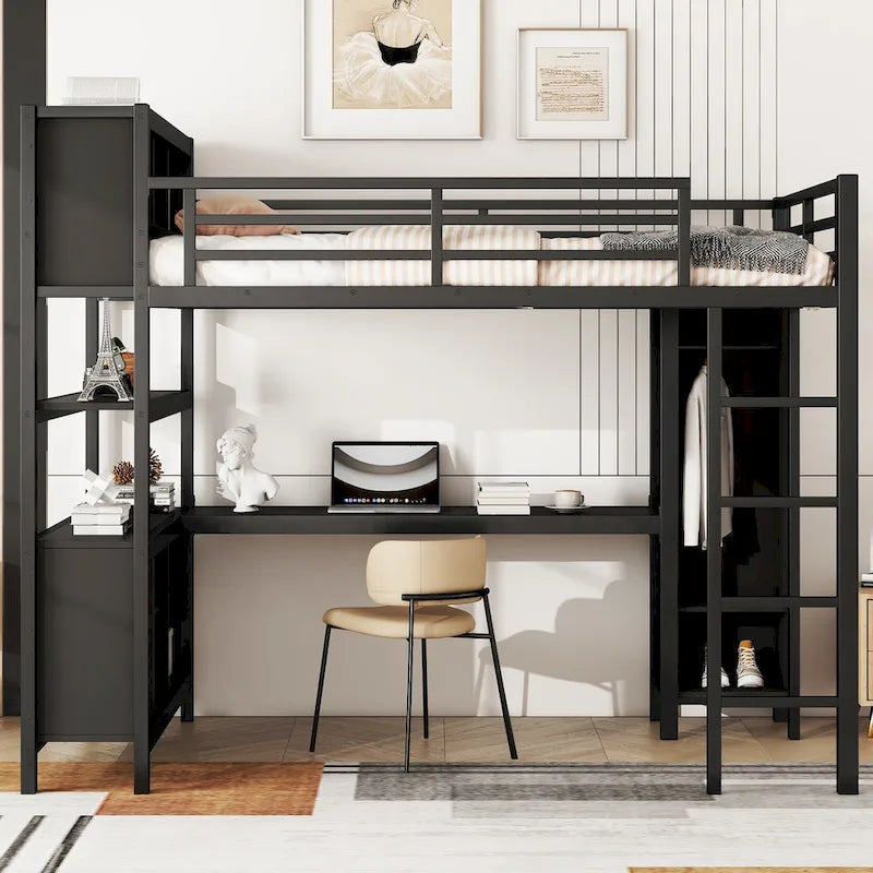 Lit mezzanine métallique tout-en-un avec bureau en L et armoire, cadre de lit de chambre à coucher avec cubes de rangement, étagères, garde-corps pleine longueur