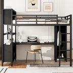 Lit mezzanine métallique tout-en-un avec bureau en L et armoire, cadre de lit de chambre à coucher avec cubes de rangement, étagères, garde-corps pleine longueur