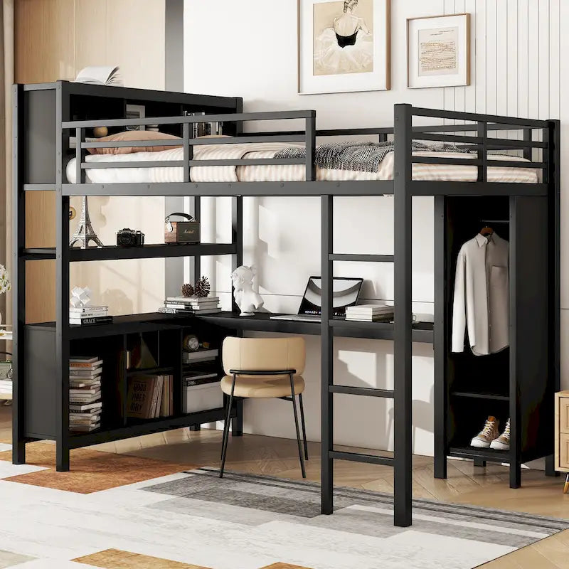 Lit mezzanine métallique tout-en-un avec bureau en L et armoire, cadre de lit de chambre à coucher avec cubes de rangement, étagères, garde-corps pleine longueur