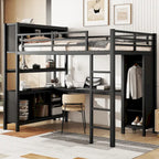 Lit mezzanine métallique tout-en-un avec bureau en L et armoire, cadre de lit de chambre à coucher avec cubes de rangement, étagères, garde-corps pleine longueur
