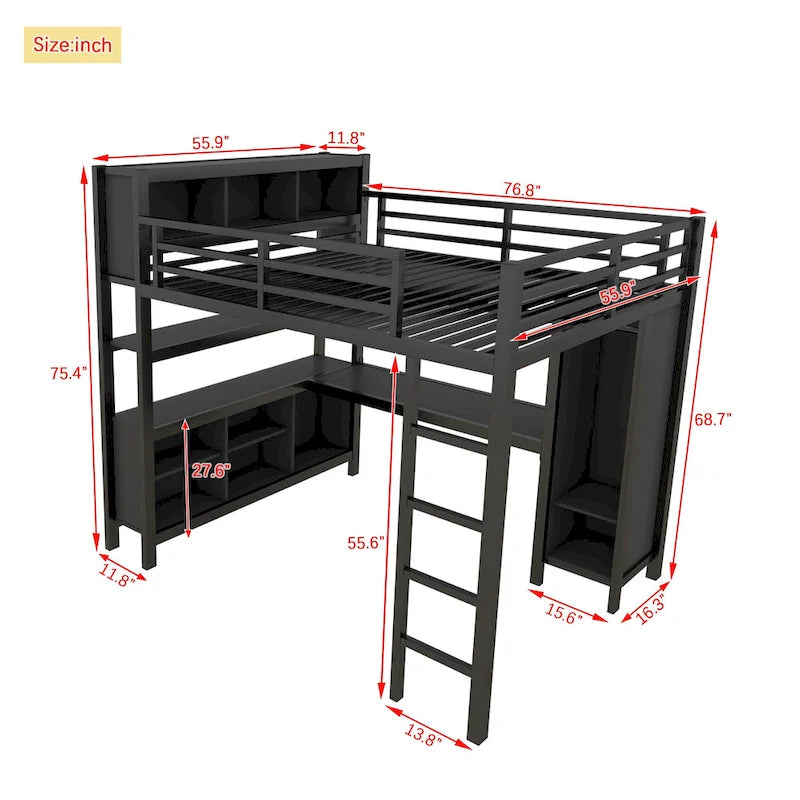 Lit mezzanine métallique tout-en-un avec bureau en L et armoire, cadre de lit de chambre à coucher avec cubes de rangement, étagères, garde-corps pleine longueur