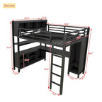 Lit mezzanine métallique tout-en-un avec bureau en L et armoire, cadre de lit de chambre à coucher avec cubes de rangement, étagères, garde-corps pleine longueur