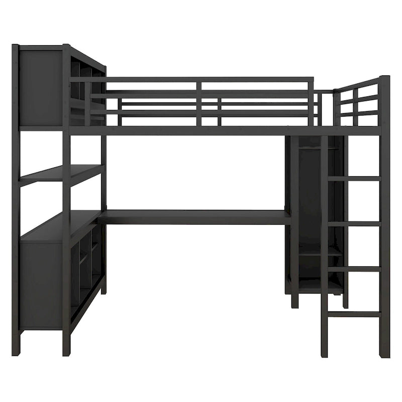 Lit mezzanine métallique tout-en-un avec bureau en L et armoire, cadre de lit de chambre à coucher avec cubes de rangement, étagères, garde-corps pleine longueur