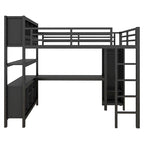 Lit mezzanine métallique tout-en-un avec bureau en L et armoire, cadre de lit de chambre à coucher avec cubes de rangement, étagères, garde-corps pleine longueur