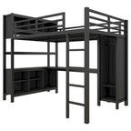 Lit mezzanine métallique tout-en-un avec bureau en L et armoire, cadre de lit de chambre à coucher avec cubes de rangement, étagères, garde-corps pleine longueur