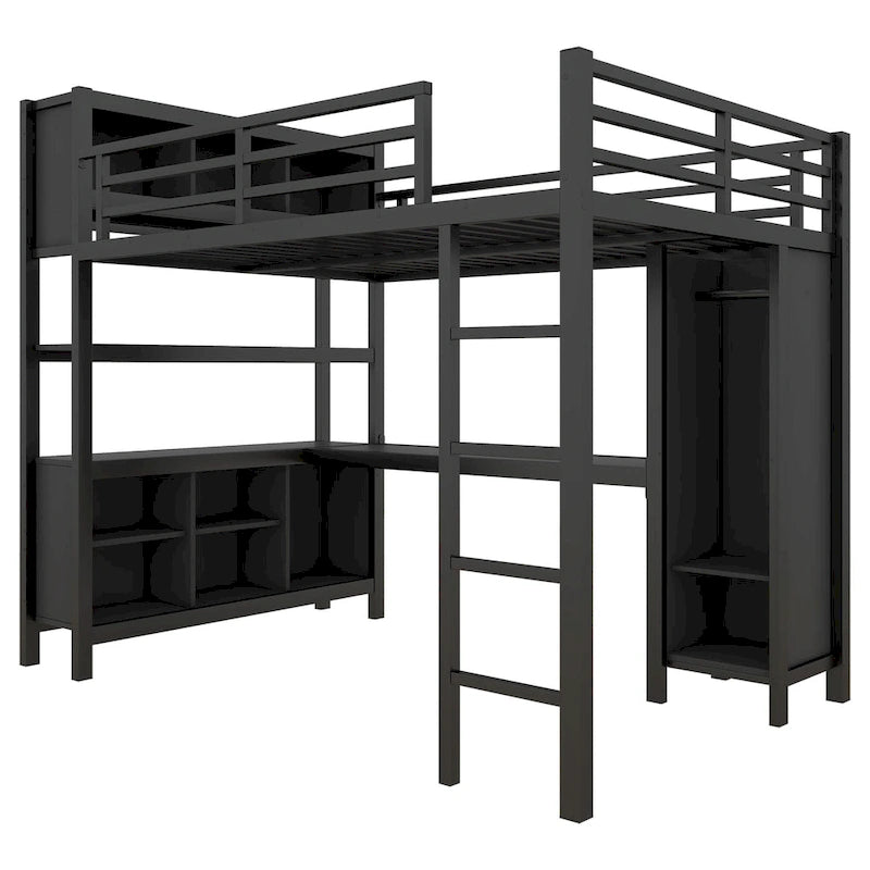 Lit mezzanine métallique tout-en-un avec bureau en L et armoire, cadre de lit de chambre à coucher avec cubes de rangement, étagères, garde-corps pleine longueur