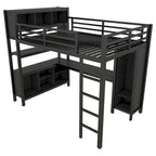 Lit mezzanine métallique tout-en-un avec bureau en L et armoire, cadre de lit de chambre à coucher avec cubes de rangement, étagères, garde-corps pleine longueur