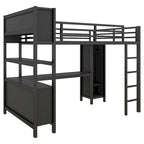 Lit mezzanine métallique tout-en-un avec bureau en L et armoire, cadre de lit de chambre à coucher avec cubes de rangement, étagères, garde-corps pleine longueur