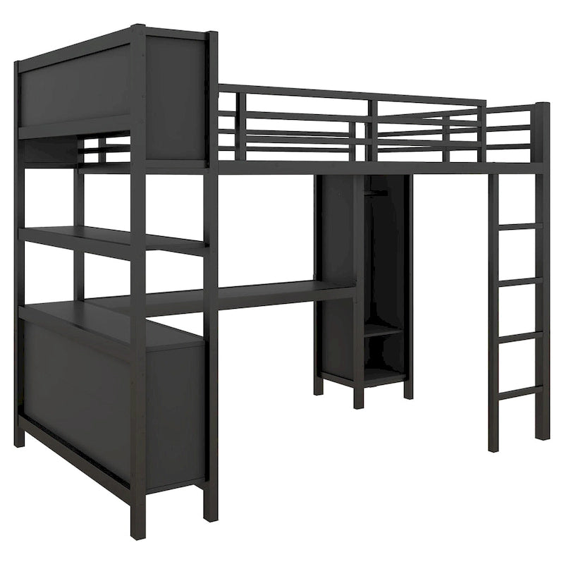 Lit mezzanine métallique tout-en-un avec bureau en L et armoire, cadre de lit de chambre à coucher avec cubes de rangement, étagères, garde-corps pleine longueur