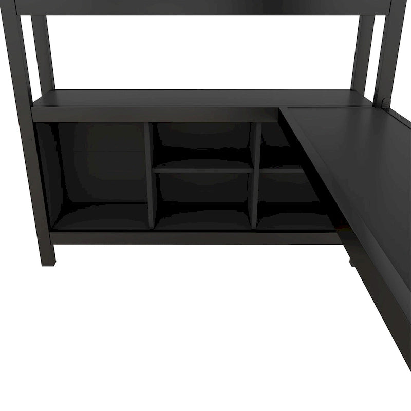 Lit mezzanine métallique tout-en-un avec bureau en L et armoire, cadre de lit de chambre à coucher avec cubes de rangement, étagères, garde-corps pleine longueur