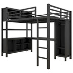Lit mezzanine métallique tout-en-un avec bureau en L et armoire, cadre de lit de chambre à coucher avec cubes de rangement, étagères, garde-corps pleine longueur