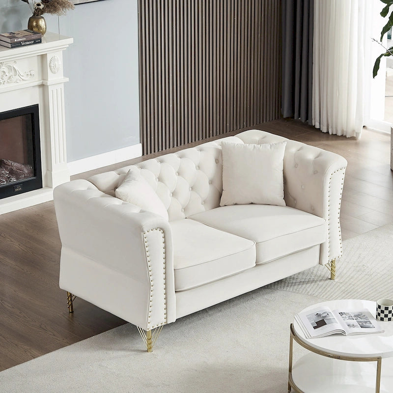 Canapé 2 places en velours beige 60,2 avec pieds en métal, 2 coussins, clous décoratifs, cadre en bois massif et rembourrage en mousse
