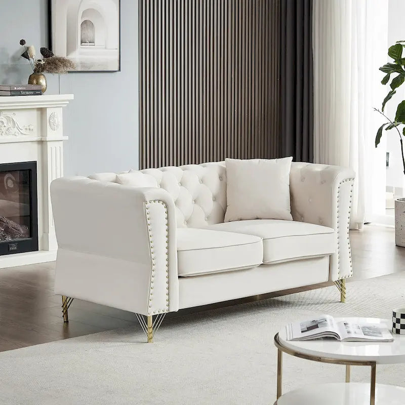 Canapé 2 places en velours beige 60,2 avec pieds en métal, 2 coussins, clous décoratifs, cadre en bois massif et rembourrage en mousse