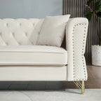 Canapé 2 places en velours beige 60,2 avec pieds en métal, 2 coussins, clous décoratifs, cadre en bois massif et rembourrage en mousse