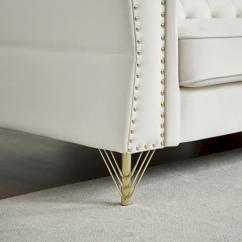 Canapé 2 places en velours beige 60,2 avec pieds en métal, 2 coussins, clous décoratifs, cadre en bois massif et rembourrage en mousse