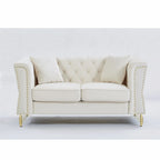 Canapé 2 places en velours beige 60,2 avec pieds en métal, 2 coussins, clous décoratifs, cadre en bois massif et rembourrage en mousse