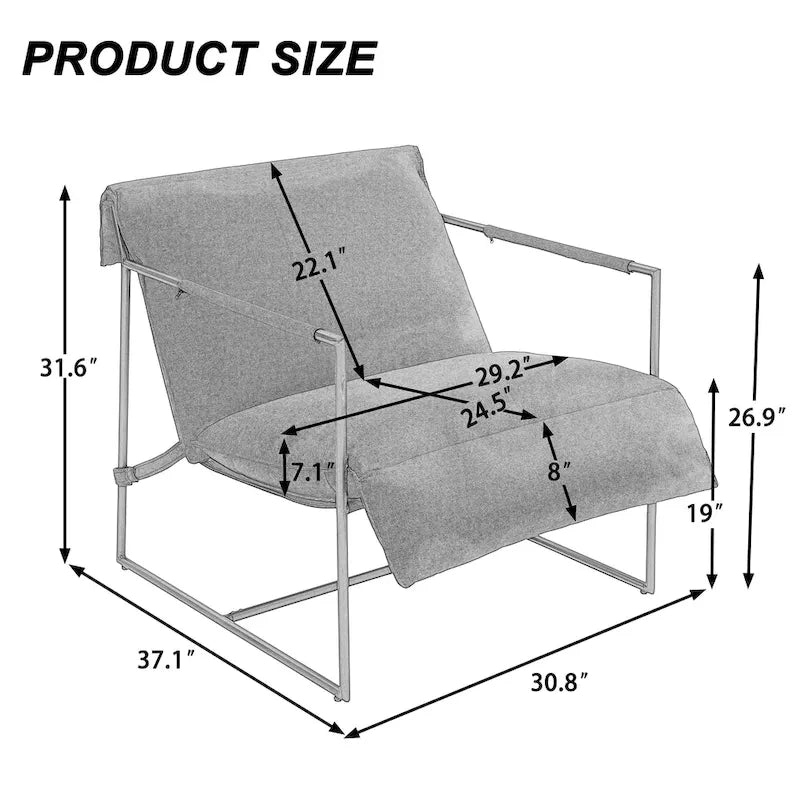 Fauteuil d'appoint en tissu, avec structure en métal et assise suspendue.