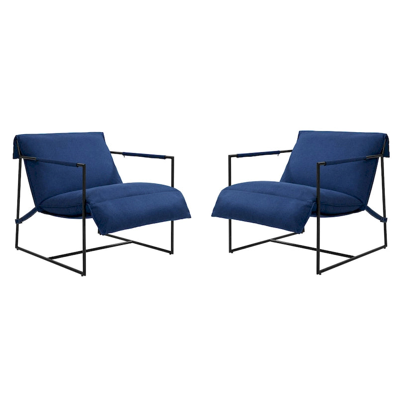 Fauteuil d'appoint en tissu, avec structure en métal et assise suspendue.