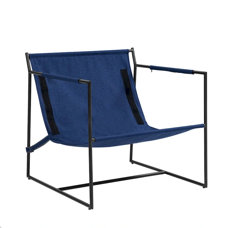 Fauteuil d'appoint en tissu, avec structure en métal et assise suspendue.