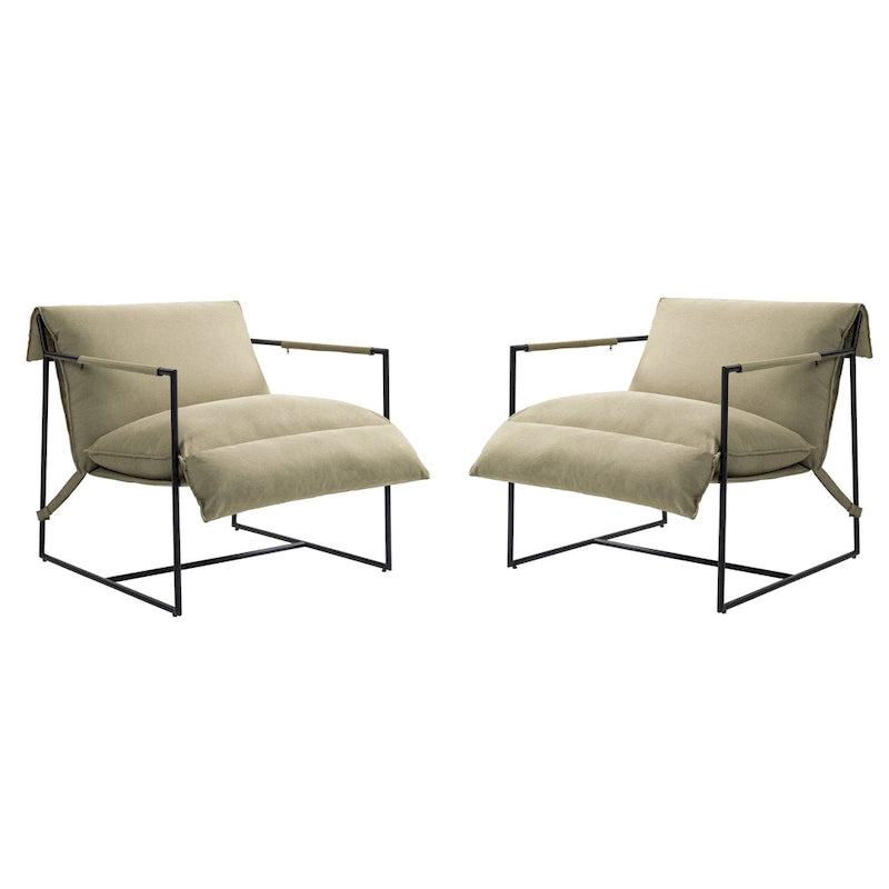 Fauteuil d'appoint en tissu, avec structure en métal et assise suspendue.