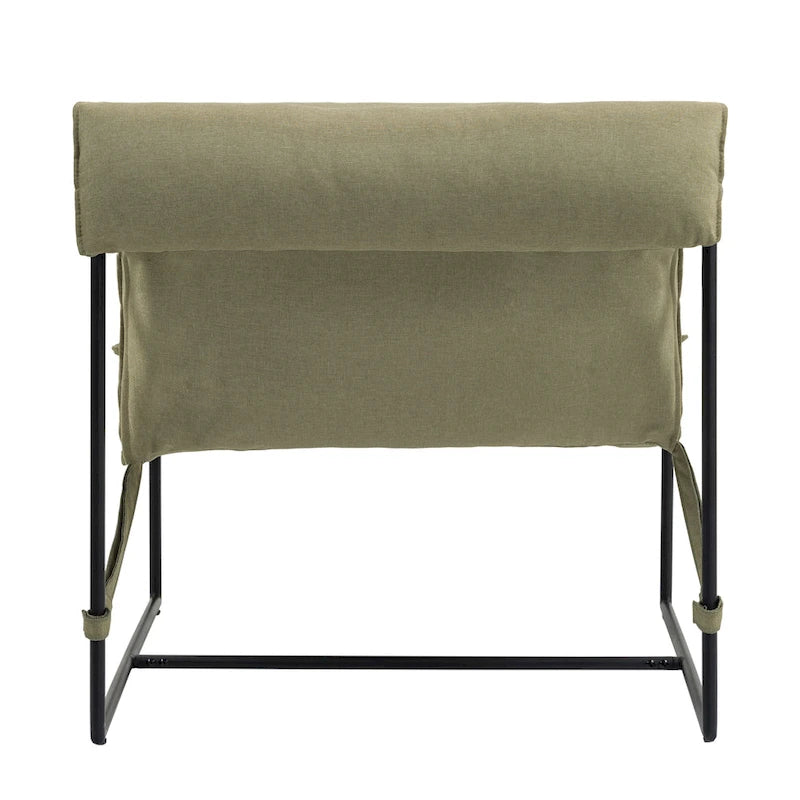 Fauteuil d'appoint en tissu, avec structure en métal et assise suspendue.