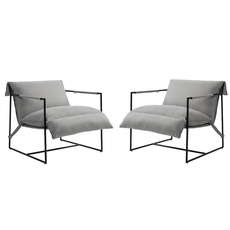 Fauteuil d'appoint en tissu, avec structure en métal et assise suspendue.