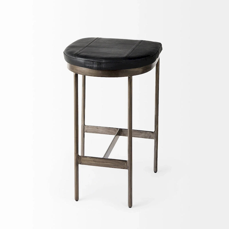 Tabouret de comptoir en cuir véritable noir avec piétement en métal nickelé