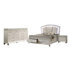 Lit plateforme 3 pièces en bois massif Glam White avec table de chevet et commode avec LED