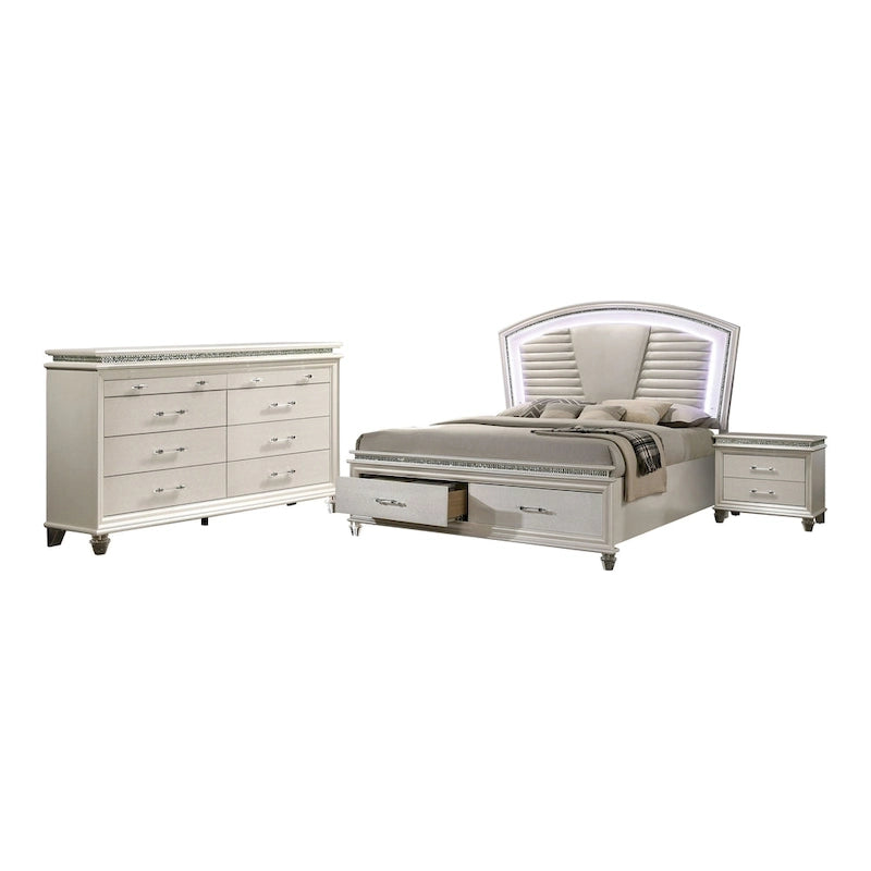 Lit plateforme 3 pièces en bois massif Glam White avec table de chevet et commode avec LED
