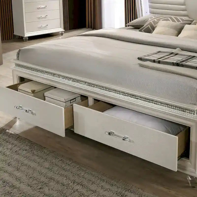 Lit plateforme 3 pièces en bois massif Glam White avec table de chevet et commode avec LED