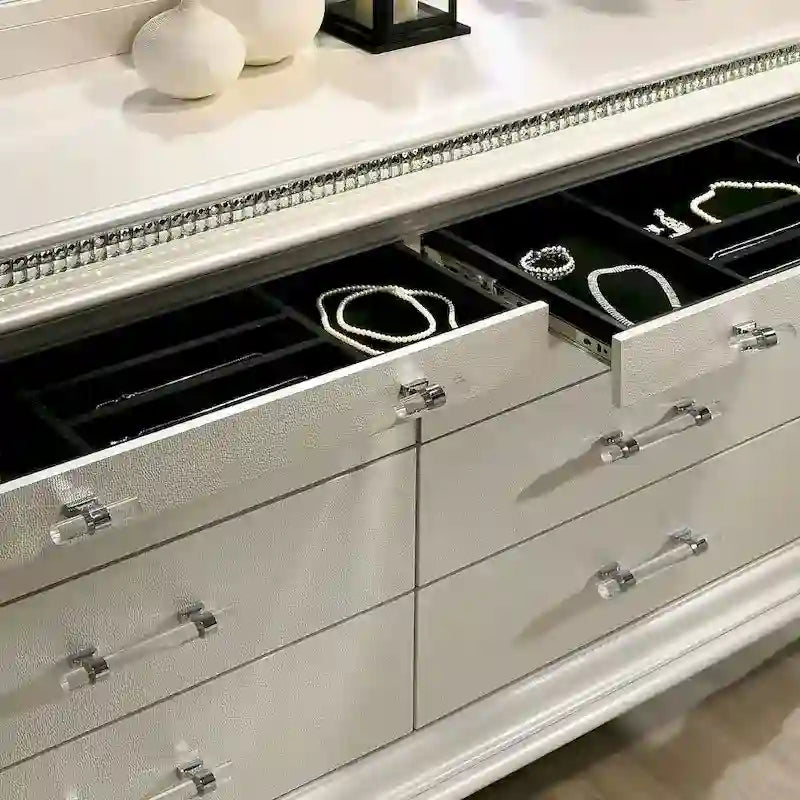 Lit plateforme 3 pièces en bois massif Glam White avec table de chevet et commode avec LED