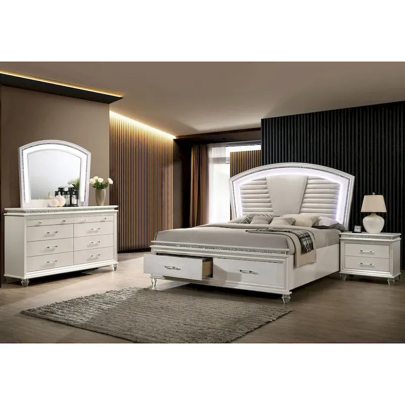 Lit plateforme 3 pièces en bois massif Glam White avec table de chevet et commode avec LED