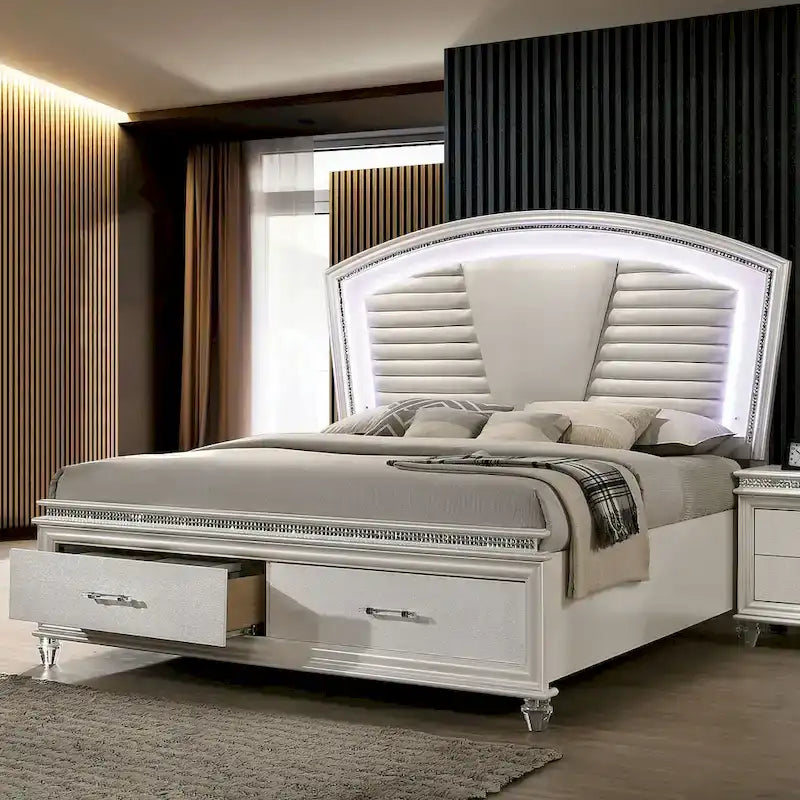 Lit plateforme 3 pièces en bois massif Glam White avec table de chevet et commode avec LED