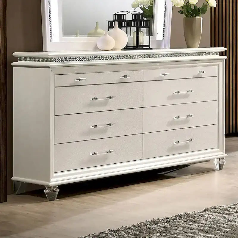 Lit plateforme 3 pièces en bois massif Glam White avec table de chevet et commode avec LED