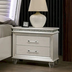 Lit plateforme 3 pièces en bois massif Glam White avec table de chevet et commode avec LED