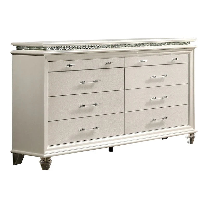 Lit plateforme 3 pièces en bois massif Glam White avec table de chevet et commode avec LED